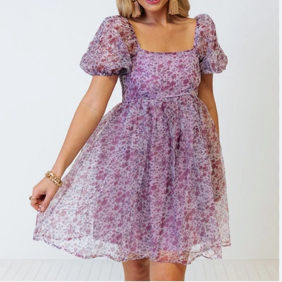 entro Dresses & Skirts - Entro Purple Floral Babydoll Mini Dress Puff Sleeve Fairycore Coquette Organza M